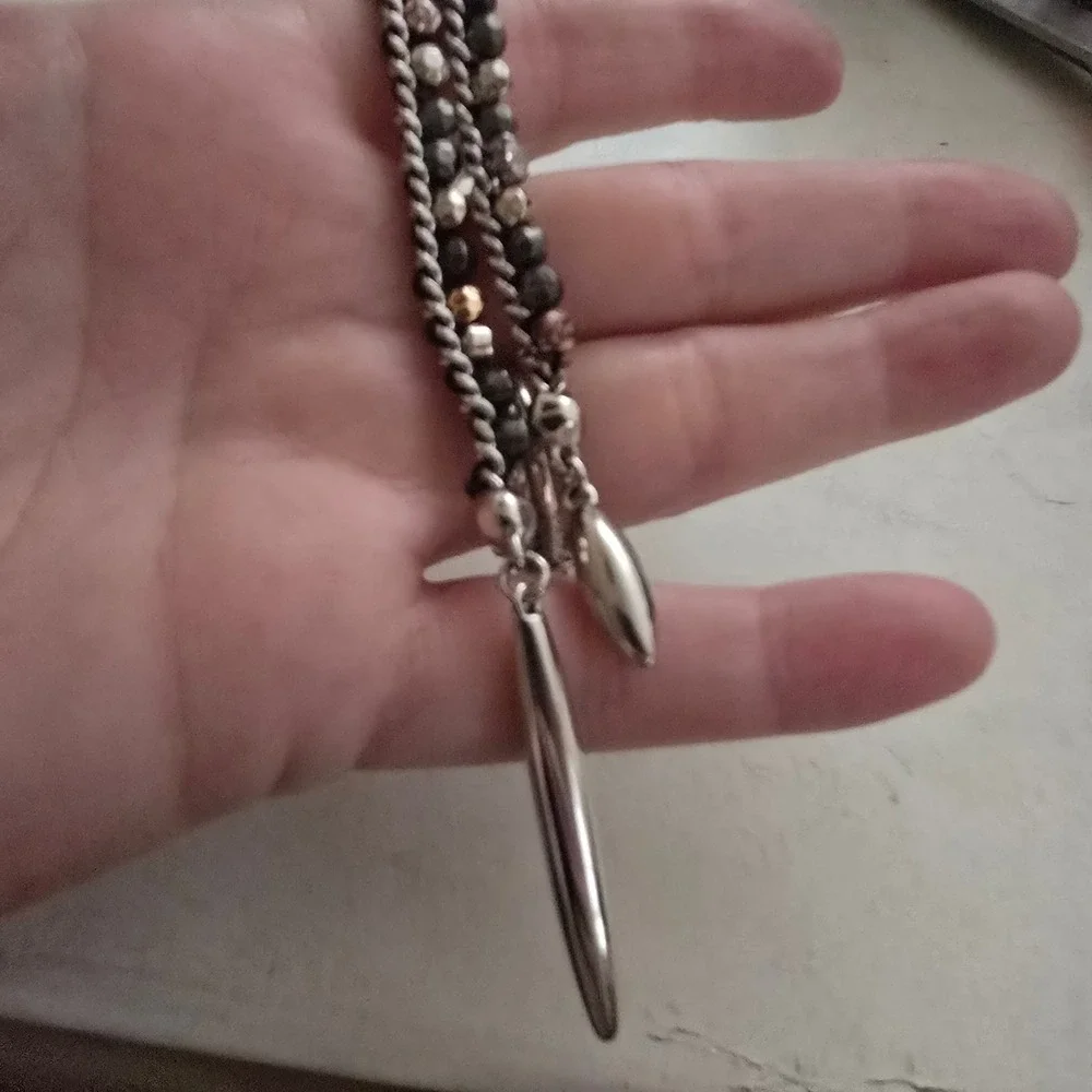 Mixed Metal Beaded Lariat Necklace Spike Pendants Hematite Tone Chain Long 36in